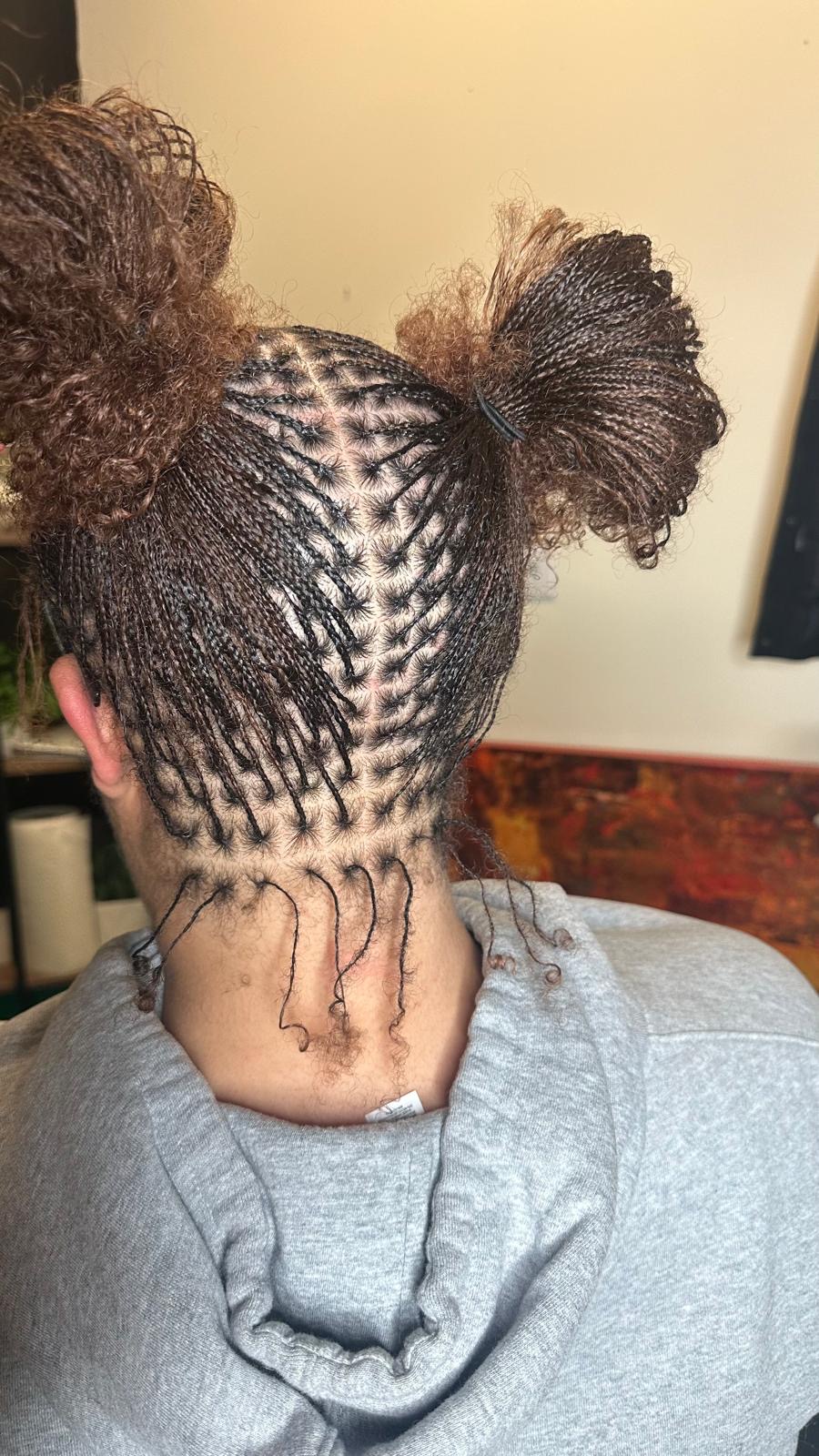 Micro braids with copper curls styled into double buns by Amajoris