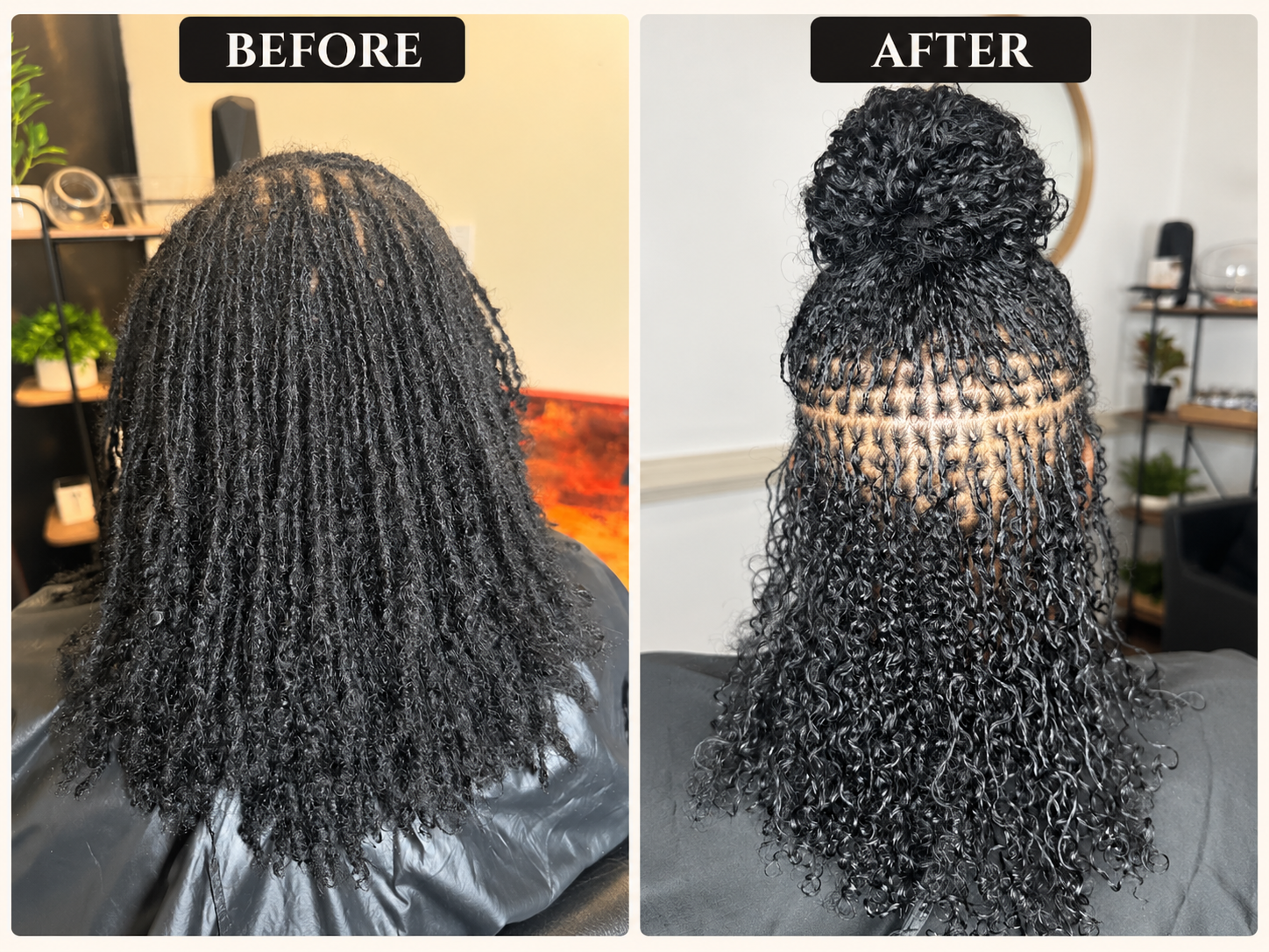 Before and after of boho braids with curly ends installed by Amajoris