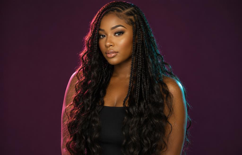 Boho braids with loose wavy curls, side part