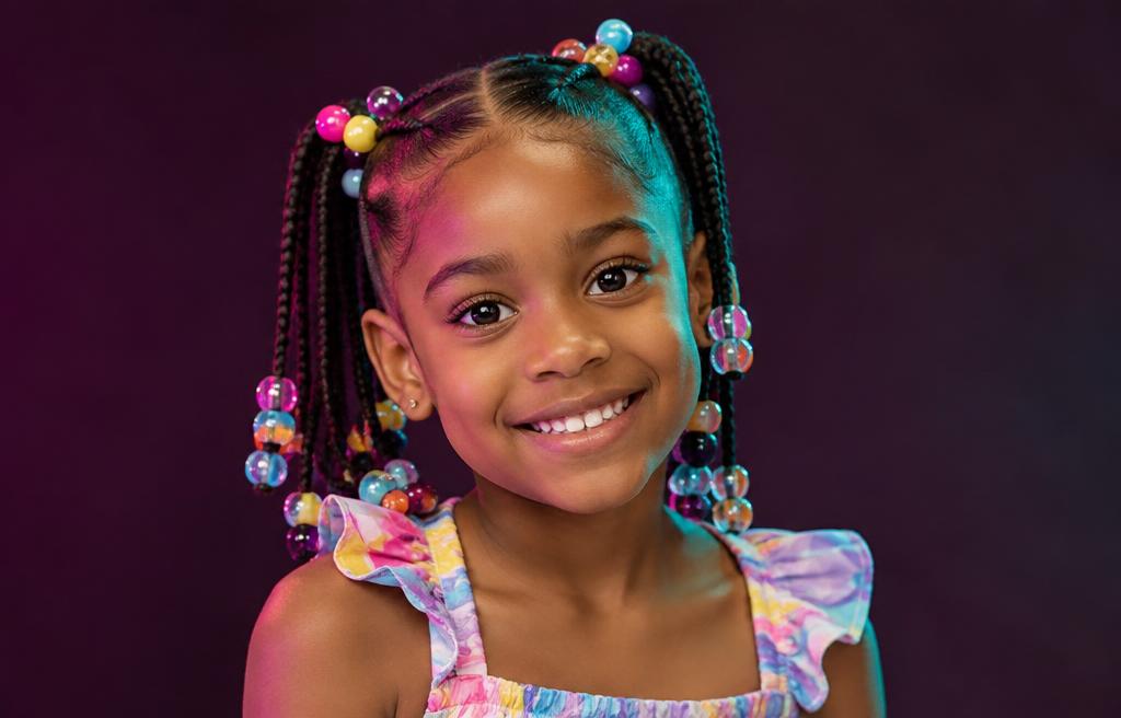 Young girl with braided pigtails and colorful beads