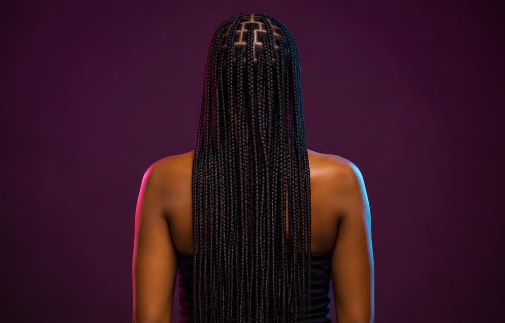 Back view of long knotless braids with clean parts
