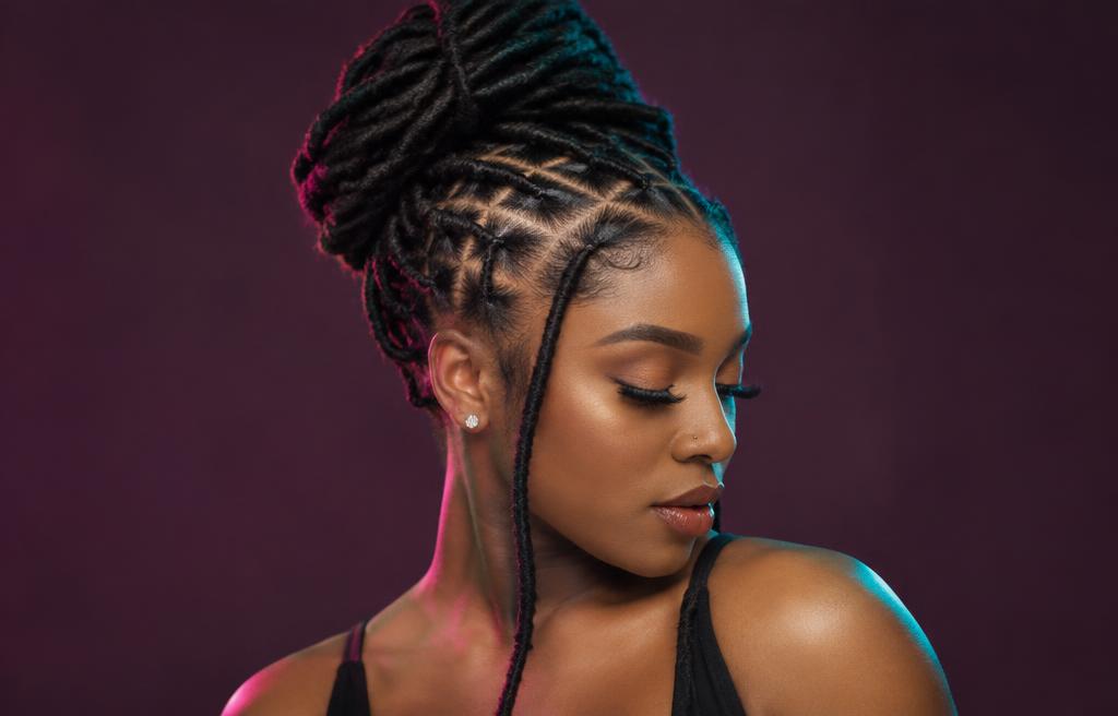 Freshly retwisted locs styled into an updo