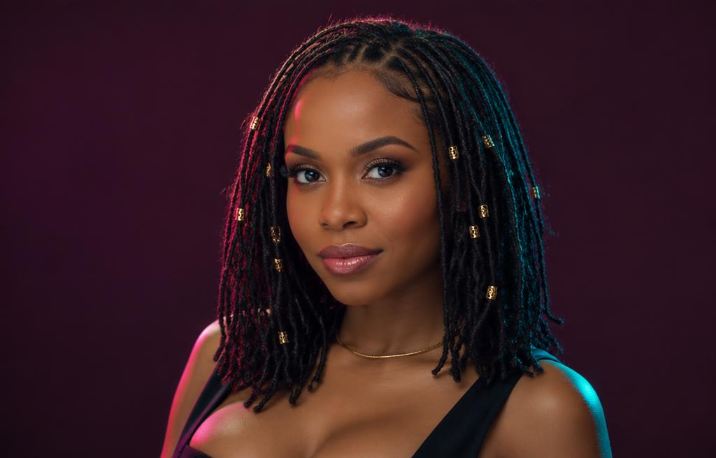 Woman with fine micro locs styled with gold cuffs